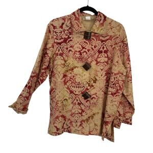 Painted Pony Linen Topper Jacket Boxy Small Boho Batik Print Big Button Artsy